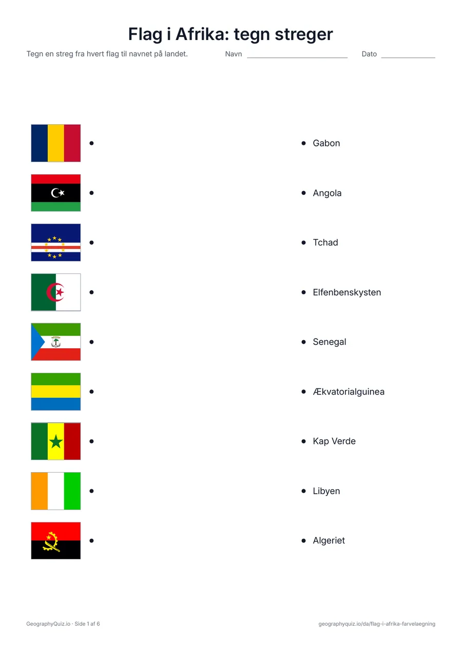 Forhåndsvisning af arbejdsarket »Flag i Afrika: tegn streger« til udskrift: Flag på den ene side og landenes navne i blandet rækkefølge på den anden