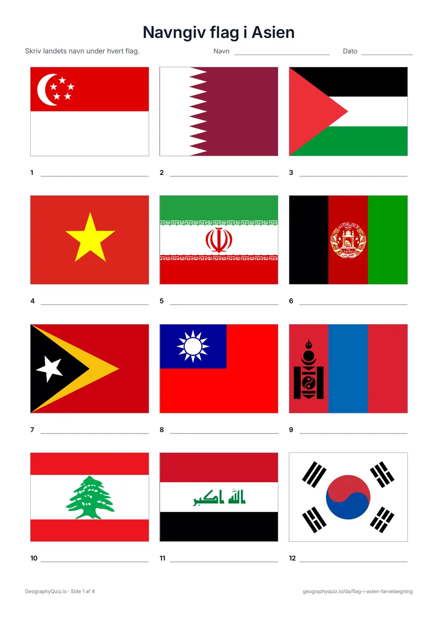 Forhåndsvisning af arbejdsarket »Navngiv flag i Asien« til udskrift: Flag i farver med en skrivelinje under hvert
