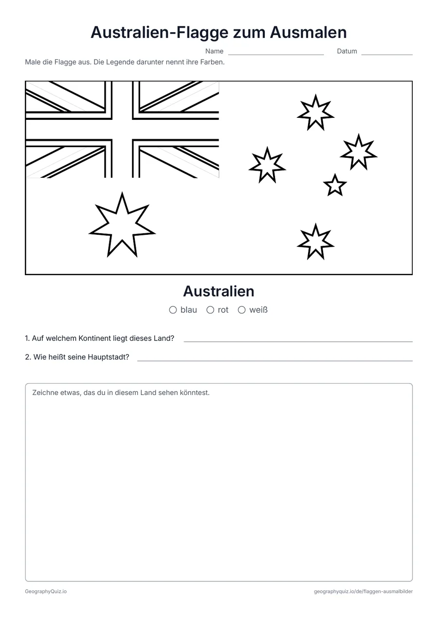 Vorschau des Arbeitsblatts „Australien-Flagge zum Ausmalen“ zum Ausdrucken: Die Flagge von Australien groß und in ihren echten Proportionen, mit Farblegende und zwei Fragen