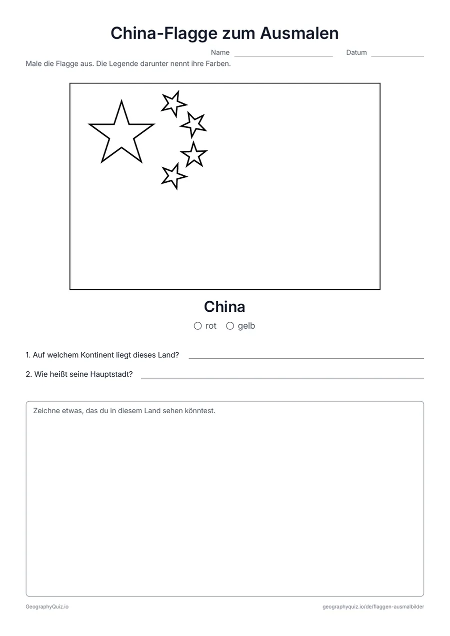 Vorschau des Arbeitsblatts „China-Flagge zum Ausmalen“ zum Ausdrucken: Die rote Flagge Chinas mit ihren fünf gelben Sternen, mit Farblegende und zwei Fragen