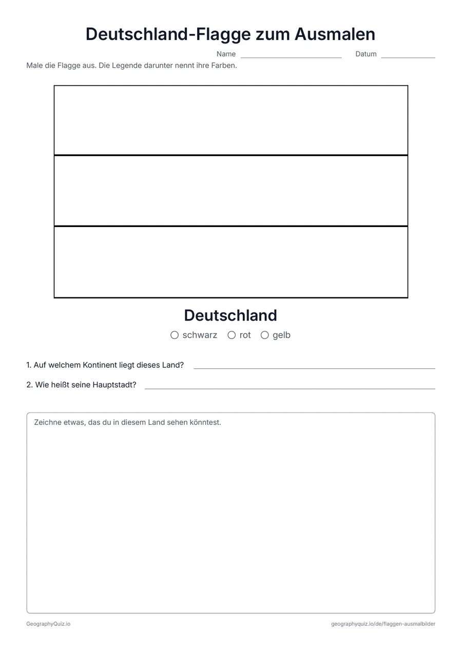 Vorschau des Arbeitsblatts „Deutschland-Flagge zum Ausmalen“ zum Ausdrucken: Die Flagge von Deutschland groß und in ihren echten Proportionen, mit Farblegende und zwei Fragen