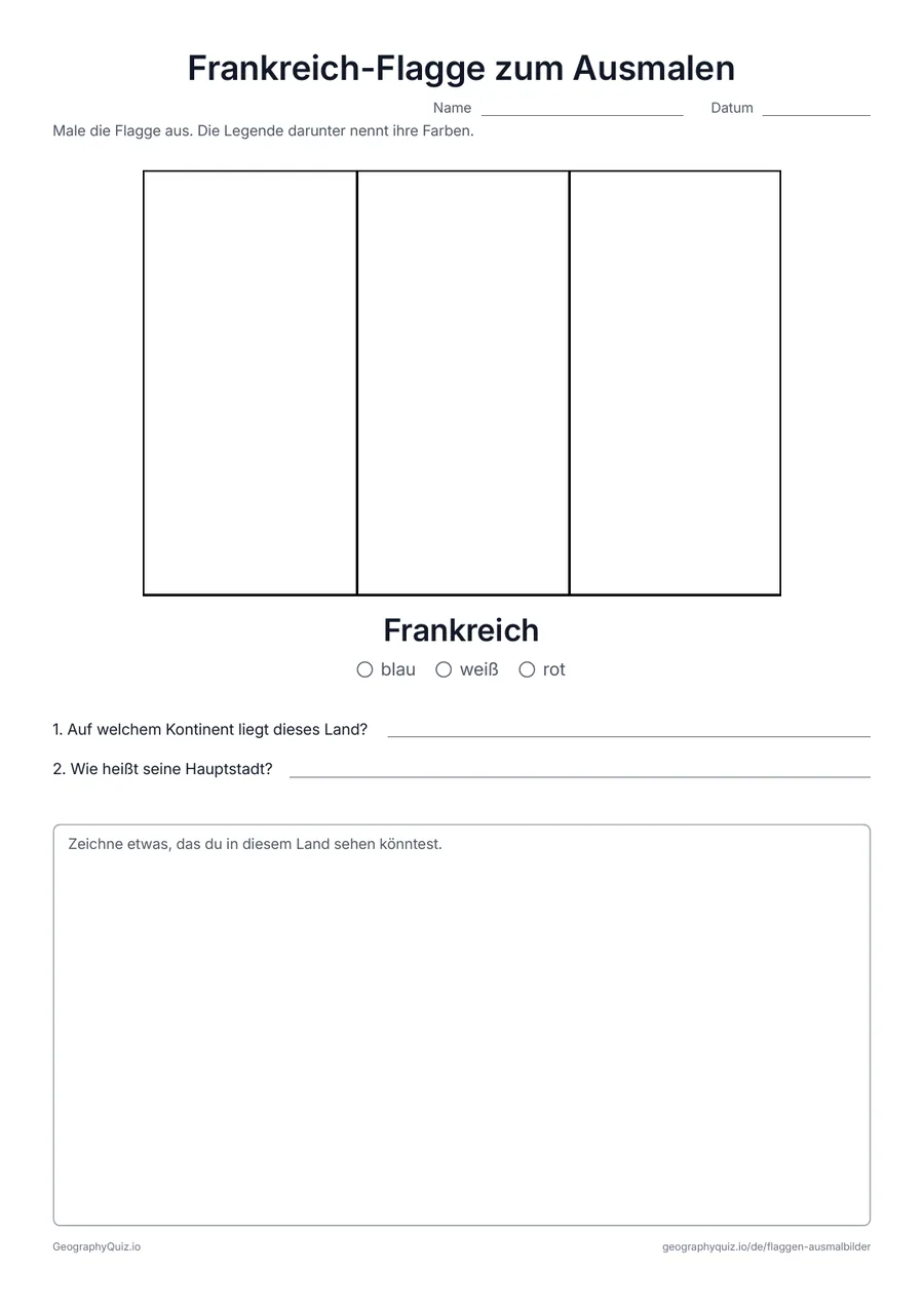 Vorschau des Arbeitsblatts „Frankreich-Flagge zum Ausmalen“ zum Ausdrucken: Die Flagge von Frankreich groß und in ihren echten Proportionen, mit Farblegende und zwei Fragen