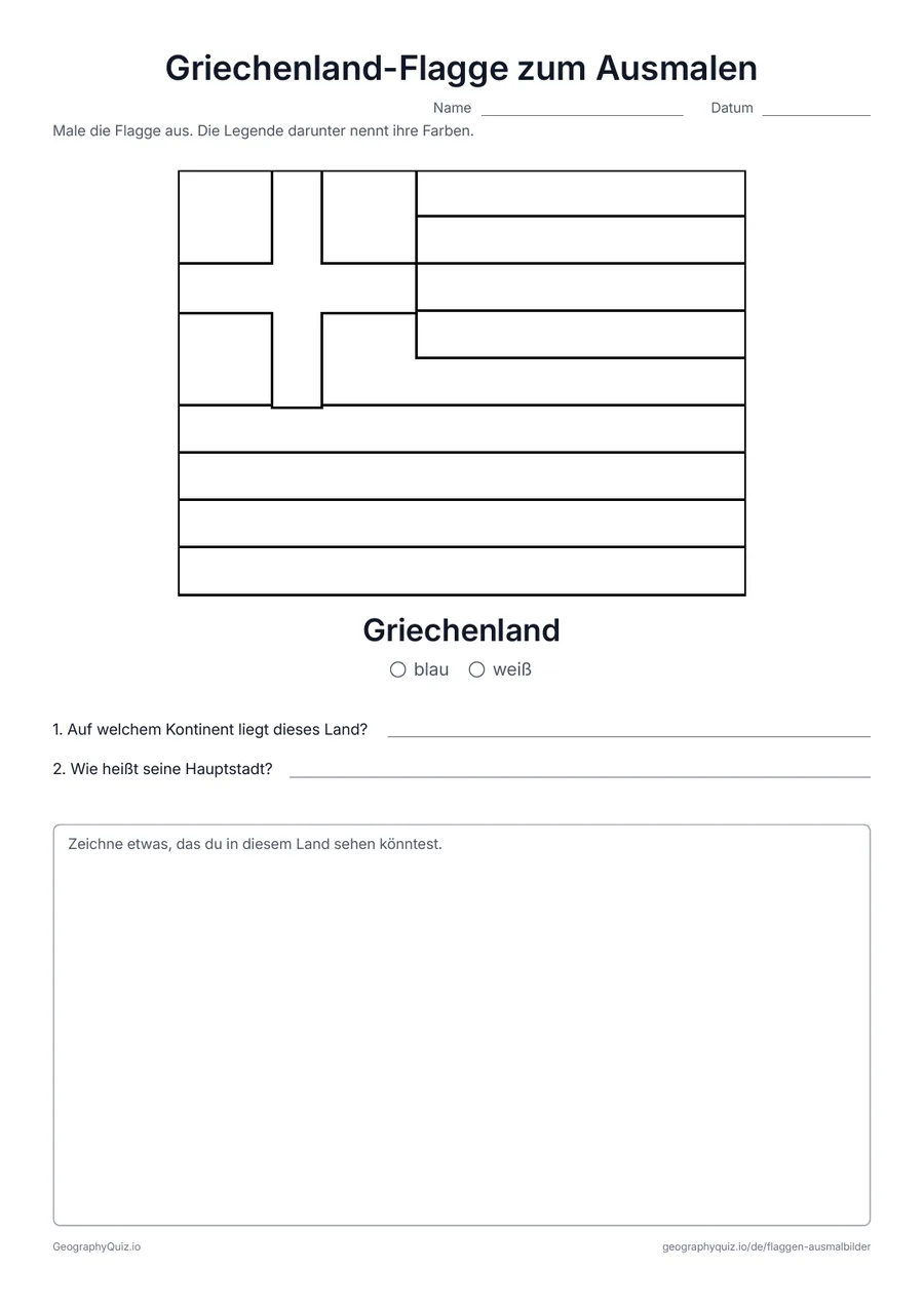 Vorschau des Arbeitsblatts „Griechenland-Flagge zum Ausmalen“ zum Ausdrucken: Die Flagge von Griechenland groß und in ihren echten Proportionen, mit Farblegende und zwei Fragen