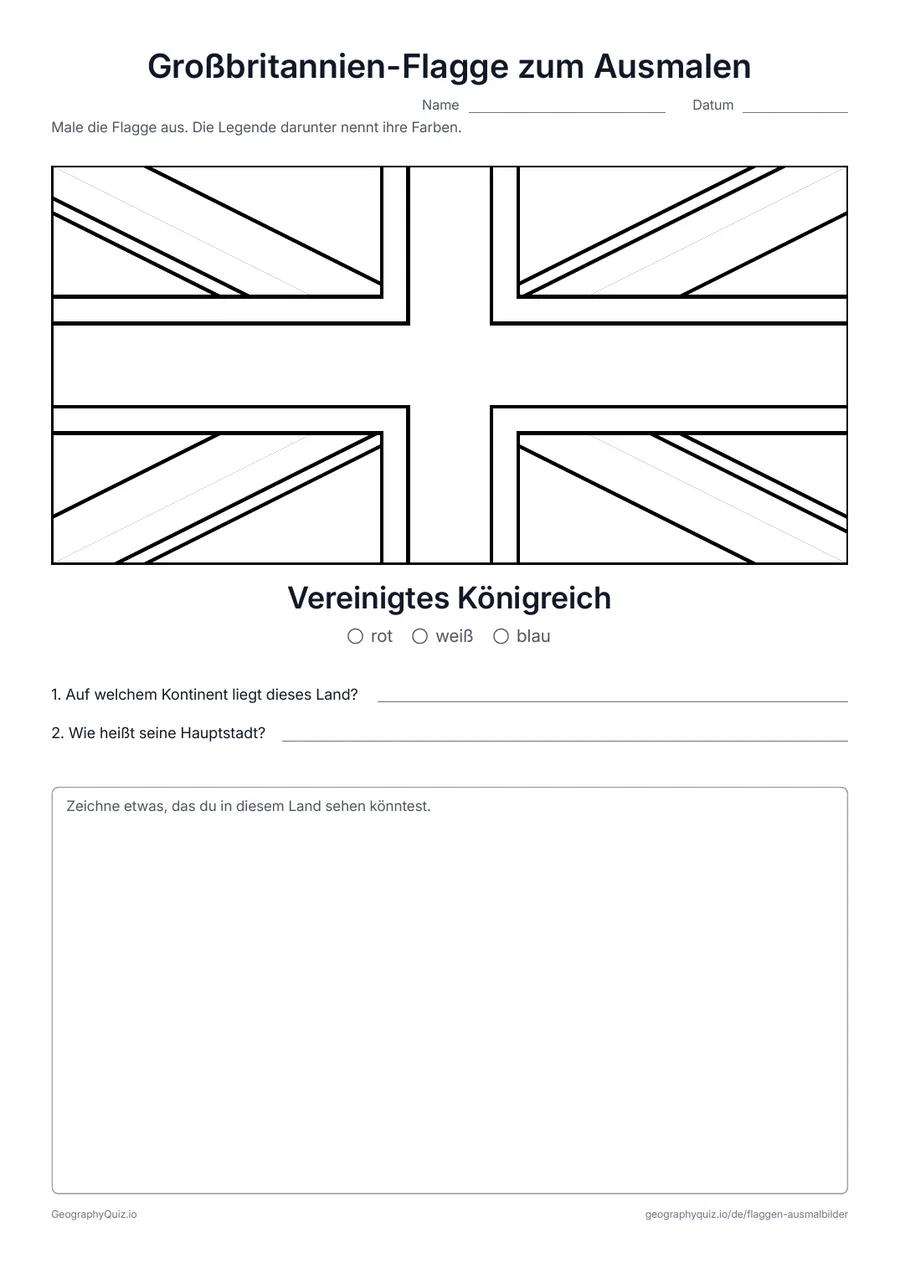 Vorschau des Arbeitsblatts „Großbritannien-Flagge zum Ausmalen“ zum Ausdrucken: Der Union Jack des Vereinigten Königreichs groß und in seinen echten Proportionen, mit Farblegende und zwei Fragen