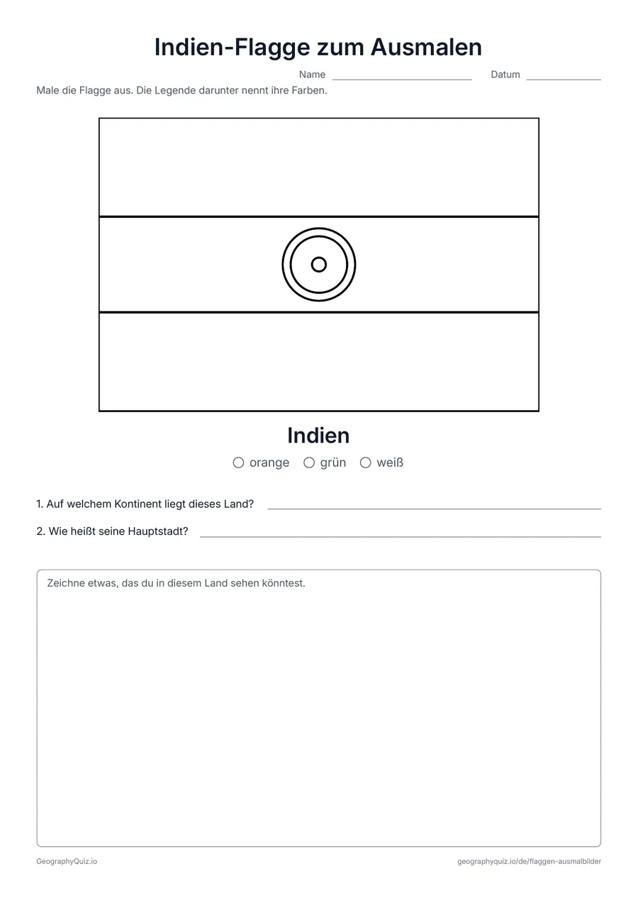 Vorschau des Arbeitsblatts „Indien-Flagge zum Ausmalen“ zum Ausdrucken: Die Flagge von Indien groß und in ihren echten Proportionen, mit Farblegende und zwei Fragen