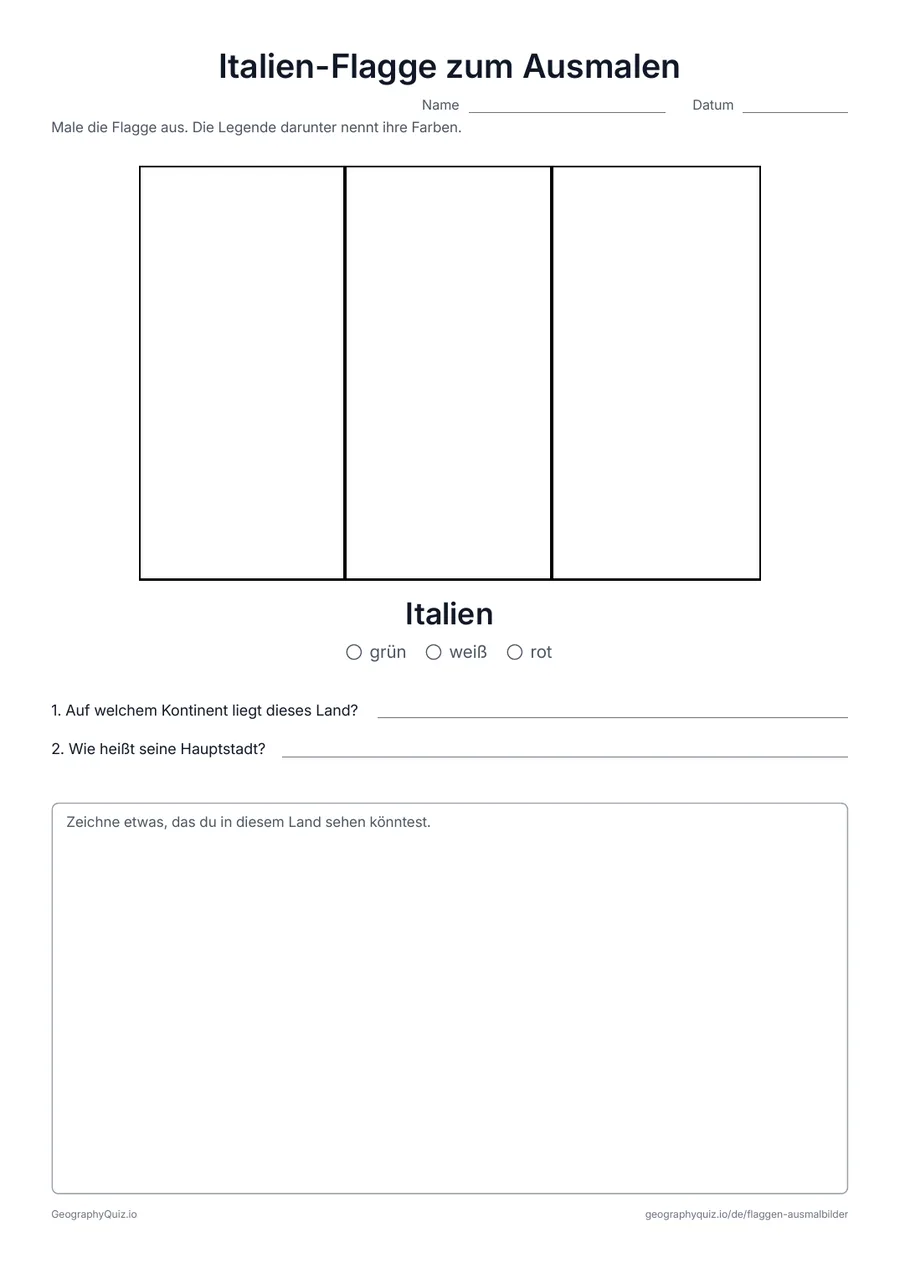 Vorschau des Arbeitsblatts „Italien-Flagge zum Ausmalen“ zum Ausdrucken: Die Flagge von Italien groß und in ihren echten Proportionen, mit Farblegende und zwei Fragen