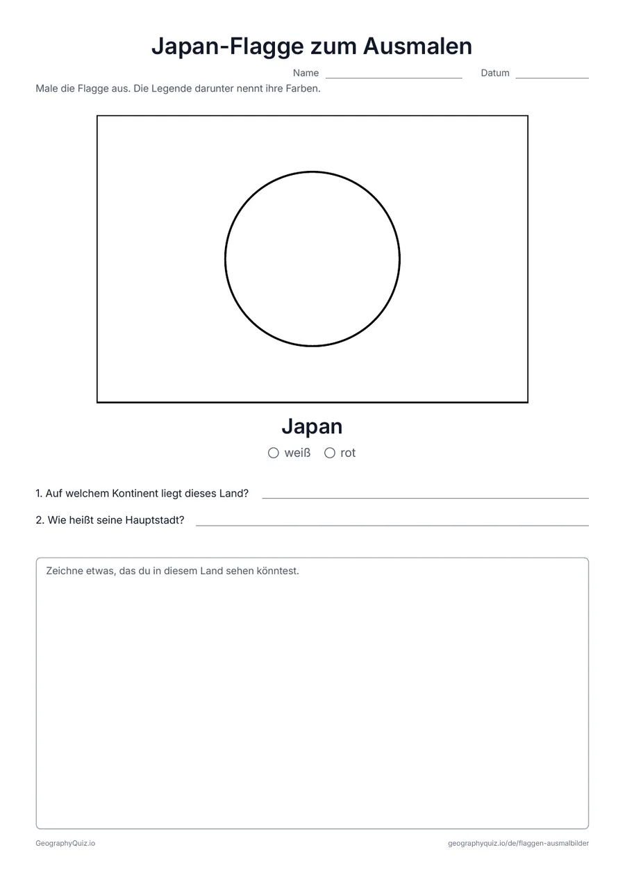 Vorschau des Arbeitsblatts „Japan-Flagge zum Ausmalen“ zum Ausdrucken: Die Flagge von Japan groß und in ihren echten Proportionen, mit Farblegende und zwei Fragen