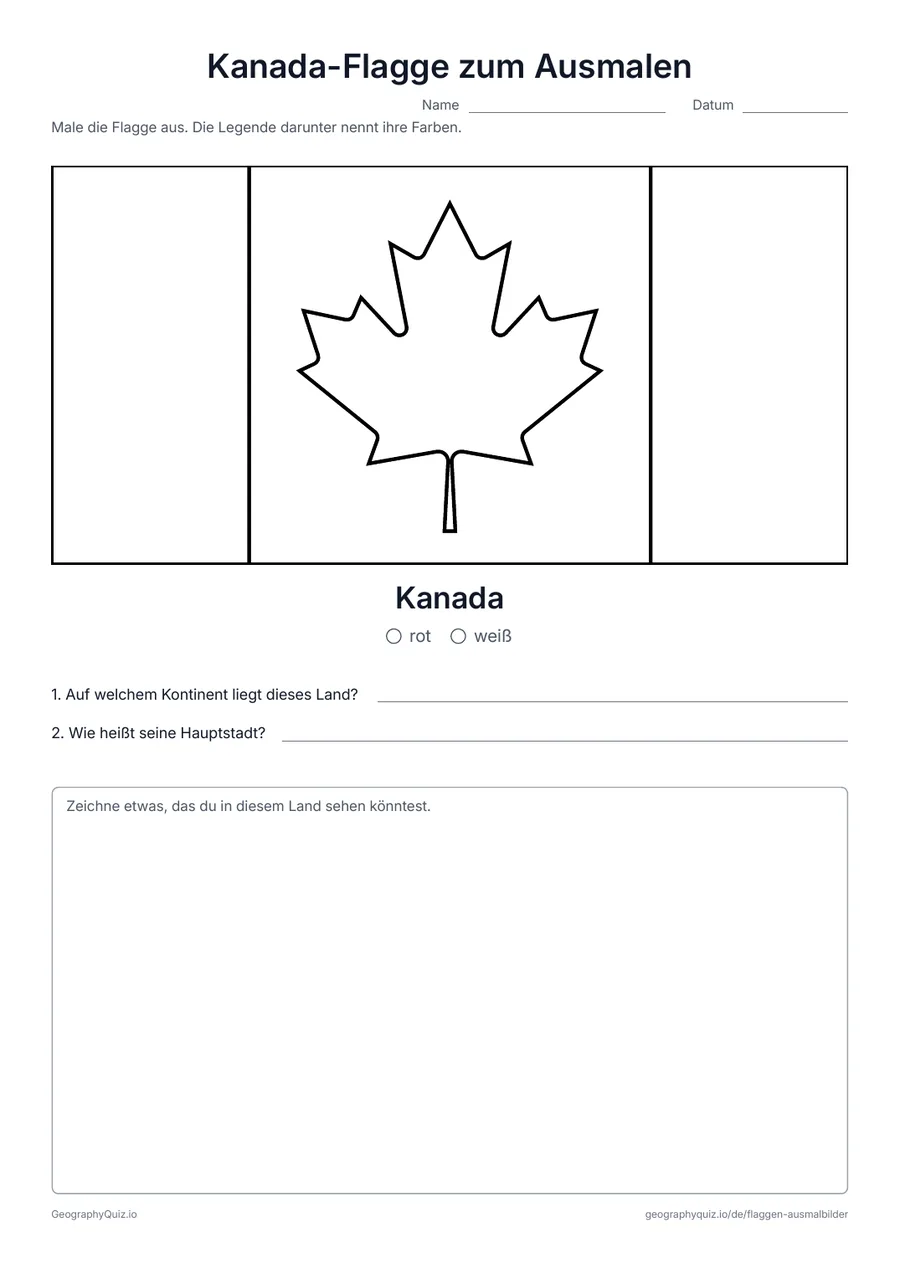 Vorschau des Arbeitsblatts „Kanada-Flagge zum Ausmalen“ zum Ausdrucken: Die Flagge von Kanada groß und in ihren echten Proportionen, mit Farblegende und zwei Fragen