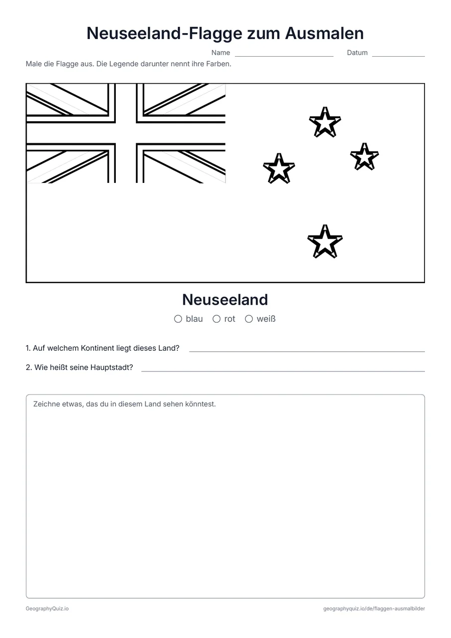 Vorschau des Arbeitsblatts „Neuseeland-Flagge zum Ausmalen“ zum Ausdrucken: Die Flagge Neuseelands mit dem Union Jack und den vier roten Sternen des Kreuzes des Südens, mit Farblegende und zwei Fragen