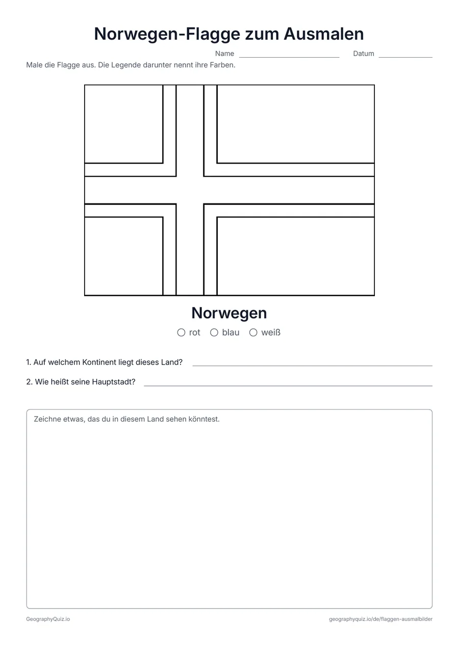Vorschau des Arbeitsblatts „Norwegen-Flagge zum Ausmalen“ zum Ausdrucken: Die rote Flagge Norwegens mit ihrem blau-weißen Kreuz, mit Farblegende und zwei Fragen