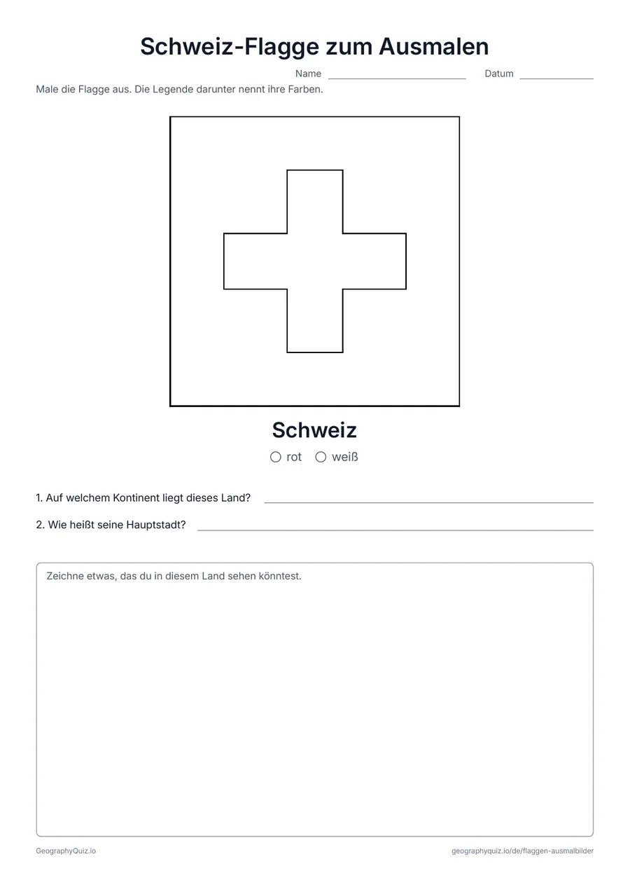 Vorschau des Arbeitsblatts „Schweiz-Flagge zum Ausmalen“ zum Ausdrucken: Die quadratische rote Flagge der Schweiz mit dem weißen Kreuz – eine von nur zwei quadratischen Nationalflaggen