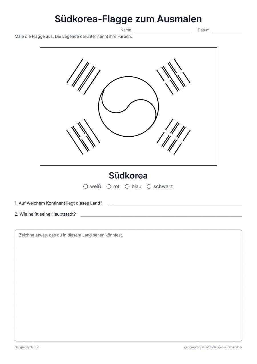 Vorschau des Arbeitsblatts „Südkorea-Flagge zum Ausmalen“ zum Ausdrucken: Die Flagge von Südkorea groß und in ihren echten Proportionen, mit Farblegende und zwei Fragen