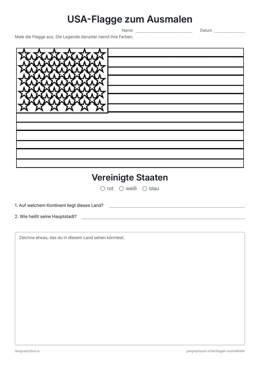Vorschau des Arbeitsblatts „USA-Flagge zum Ausmalen“ zum Ausdrucken: Die Flagge der USA groß und in ihren echten Proportionen, mit allen 50 Sternen und 13 Streifen, Farblegende und zwei Fragen