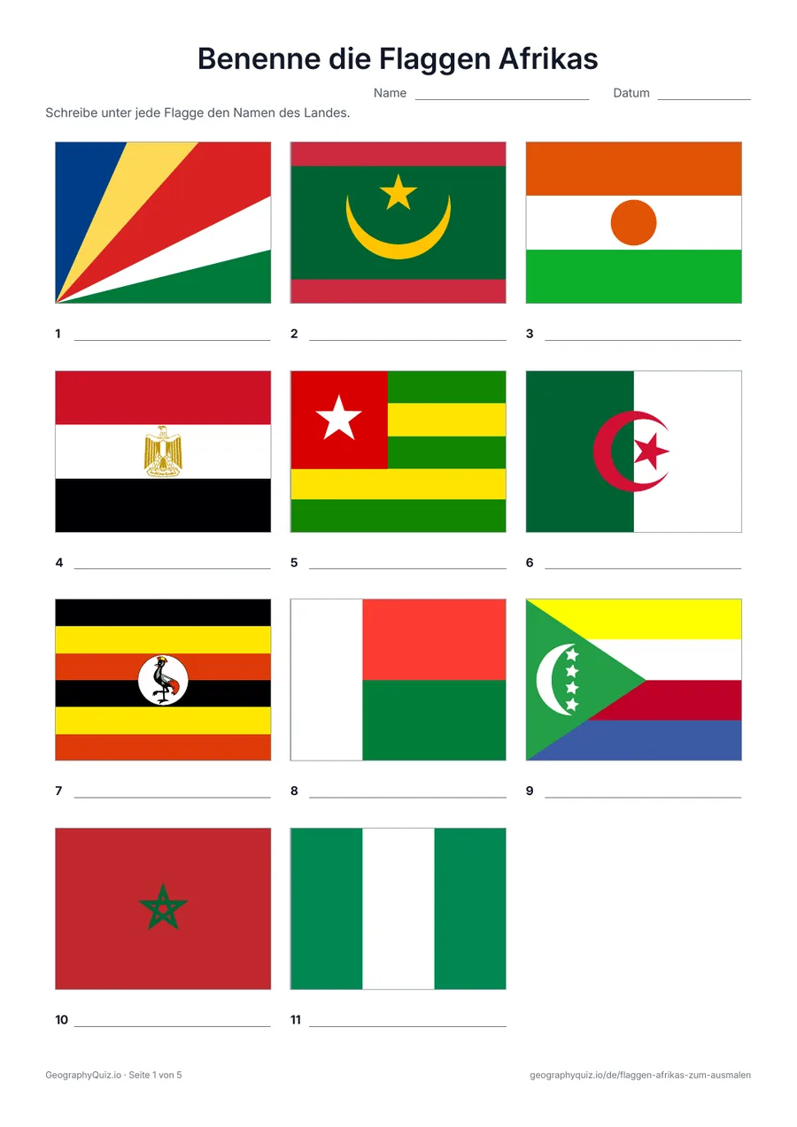Vorschau des Arbeitsblatts „Benenne die Flaggen Afrikas“ zum Ausdrucken