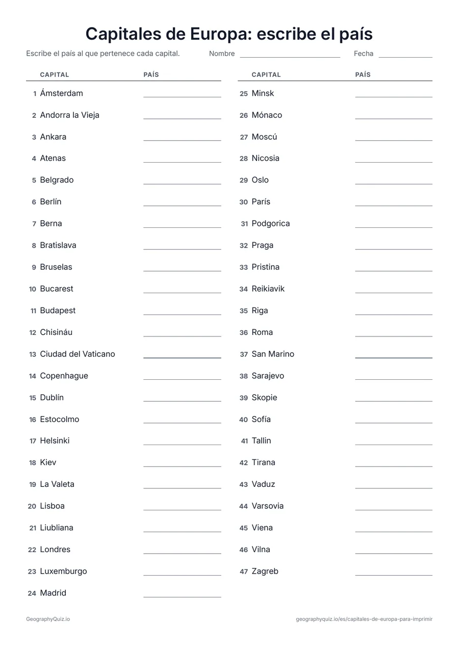 Vista previa de la ficha para imprimir «Capitales de Europa: escribe el país»