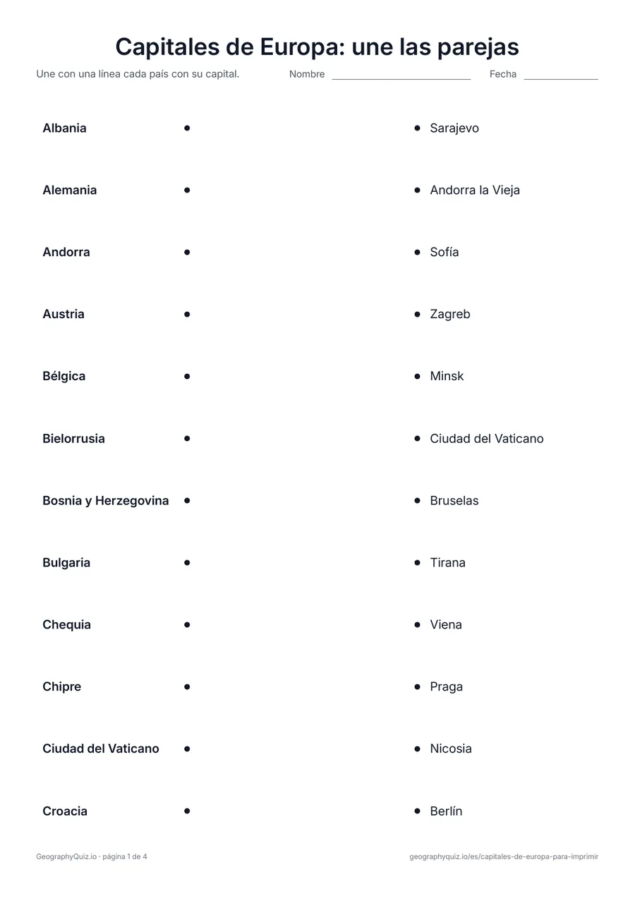 Vista previa de la ficha para imprimir «Capitales de Europa: une las parejas»