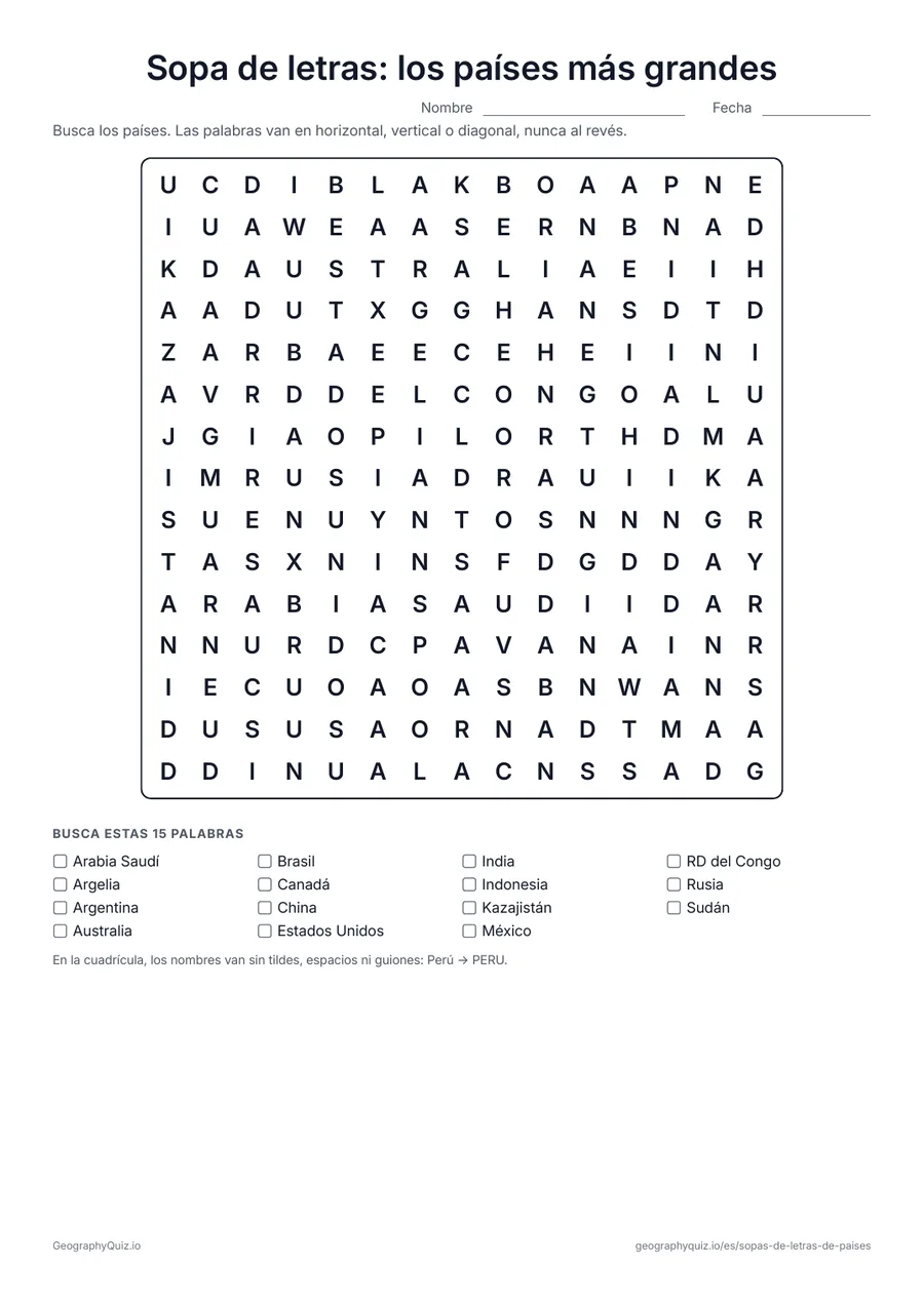 Vista previa de la ficha para imprimir «Sopa de letras: los países más grandes»: Los 15 países más grandes del mundo por superficie, de Rusia a Sudán