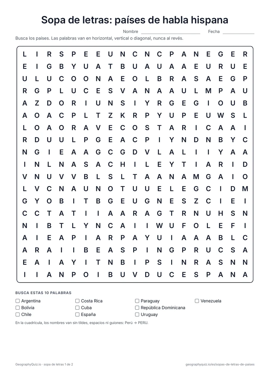 Vista previa de la ficha para imprimir «Sopa de letras: países de habla hispana»: Los 20 países donde el español es lengua oficial, en dos sopas de letras