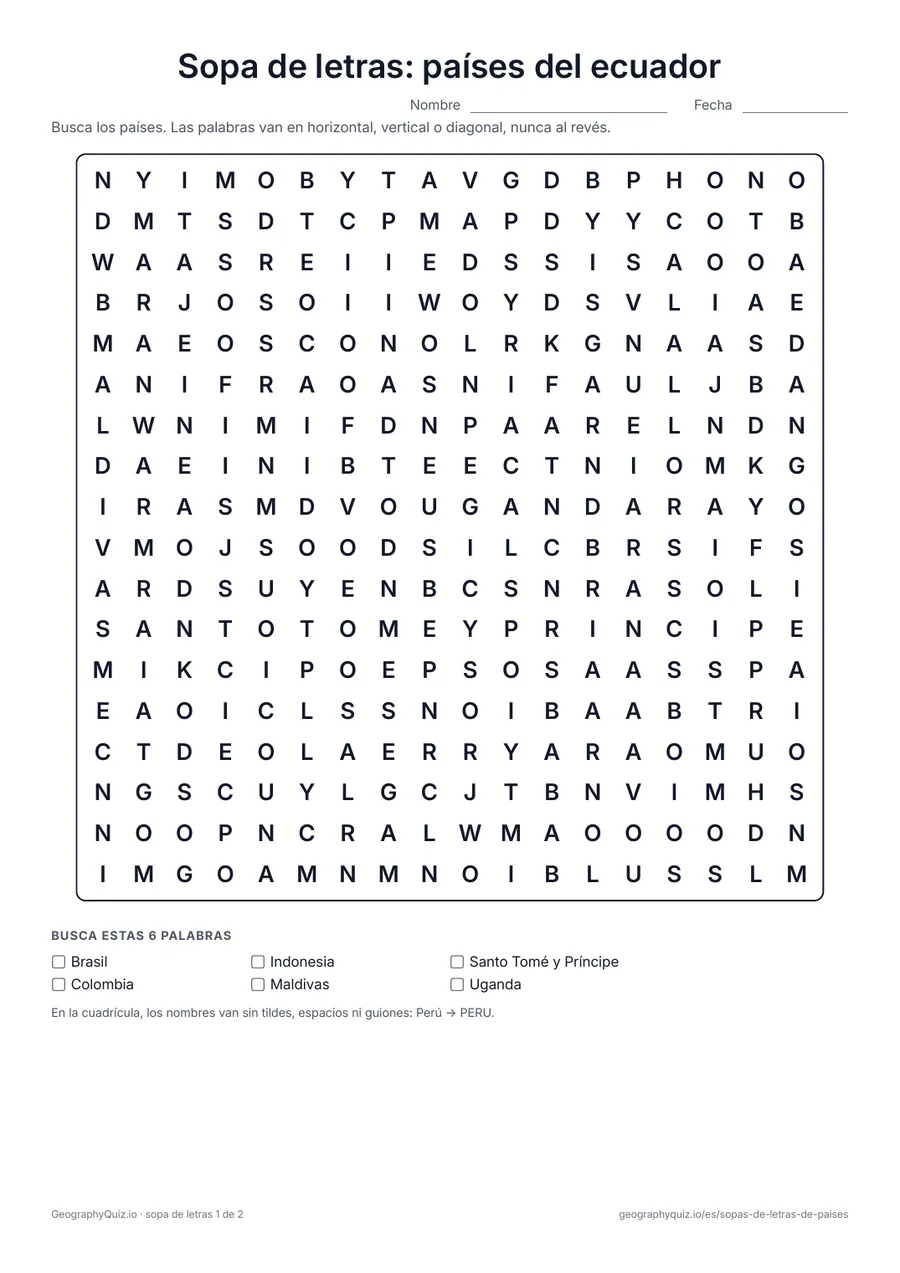 Vista previa de la ficha para imprimir «Sopa de letras: países del ecuador»: Los 13 países por los que pasa el ecuador, en dos sopas de letras