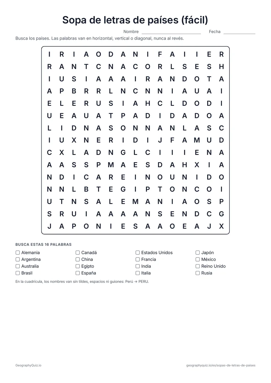 Vista previa de la ficha para imprimir «Sopa de letras de países (fácil)»: Dieciséis países conocidos, de Estados Unidos a Japón, en un solo pasatiempo: una buena primera sopa de letras