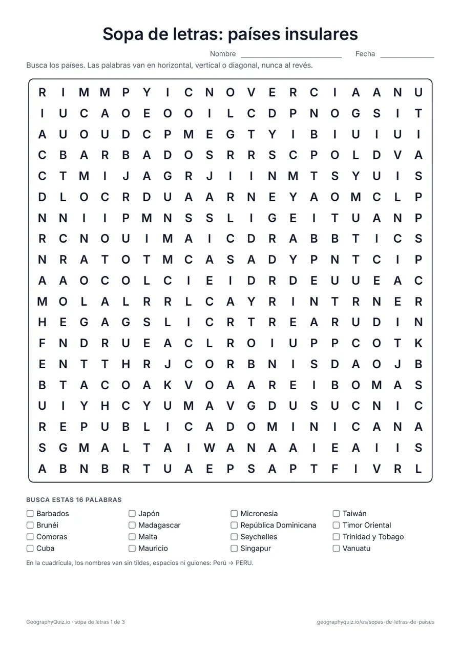 Vista previa de la ficha para imprimir «Sopa de letras: países insulares»: Todos los países insulares, de Islandia a Fiyi, en tres sopas de letras