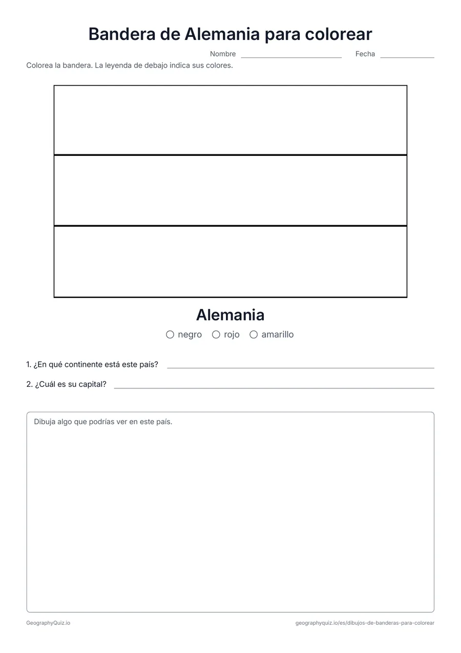 Vista previa de la ficha para imprimir «Bandera de Alemania para colorear»: La bandera de Alemania dibujada en grande y con sus proporciones reales, con una leyenda de colores y dos preguntas