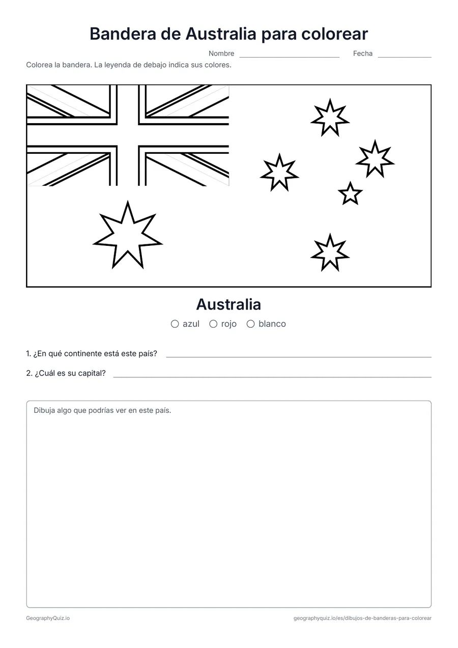 Vista previa de la ficha para imprimir «Bandera de Australia para colorear»: La bandera de Australia dibujada en grande y con sus proporciones reales, con una leyenda de colores y dos preguntas