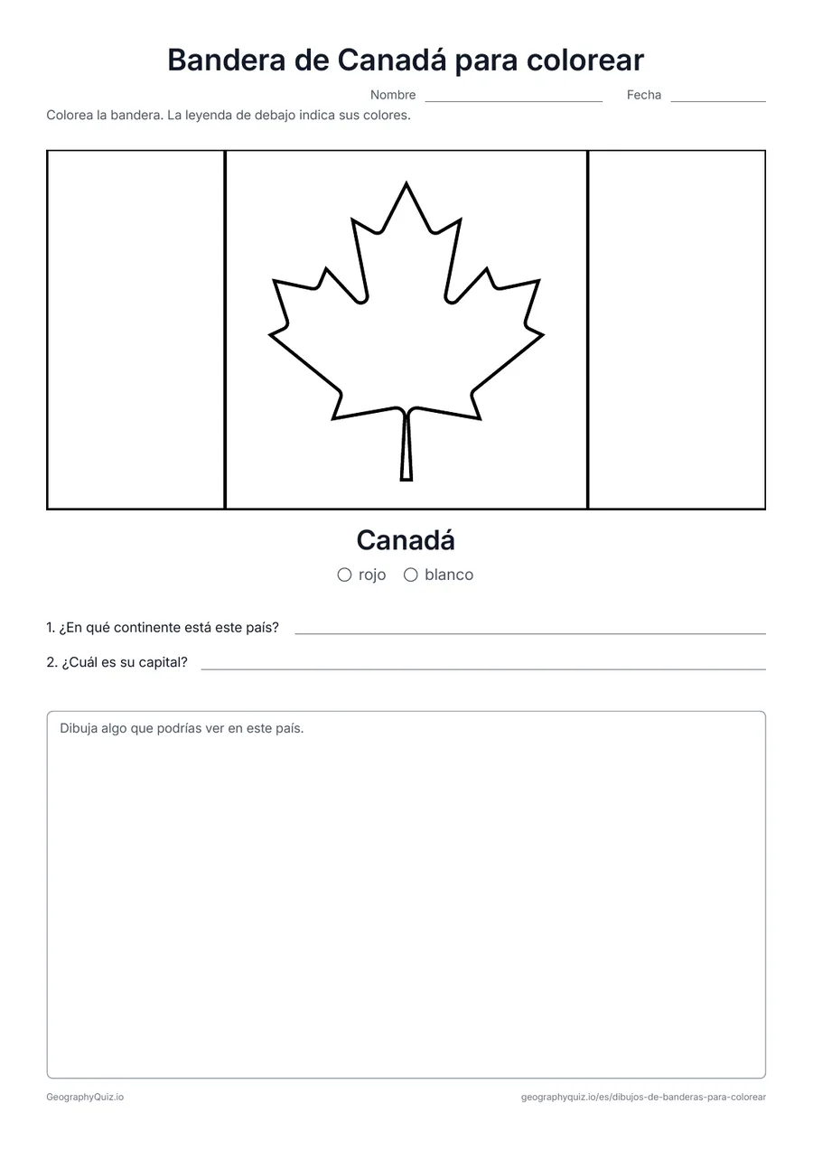 Vista previa de la ficha para imprimir «Bandera de Canadá para colorear»: La bandera de Canadá dibujada en grande y con sus proporciones reales, con una leyenda de colores y dos preguntas