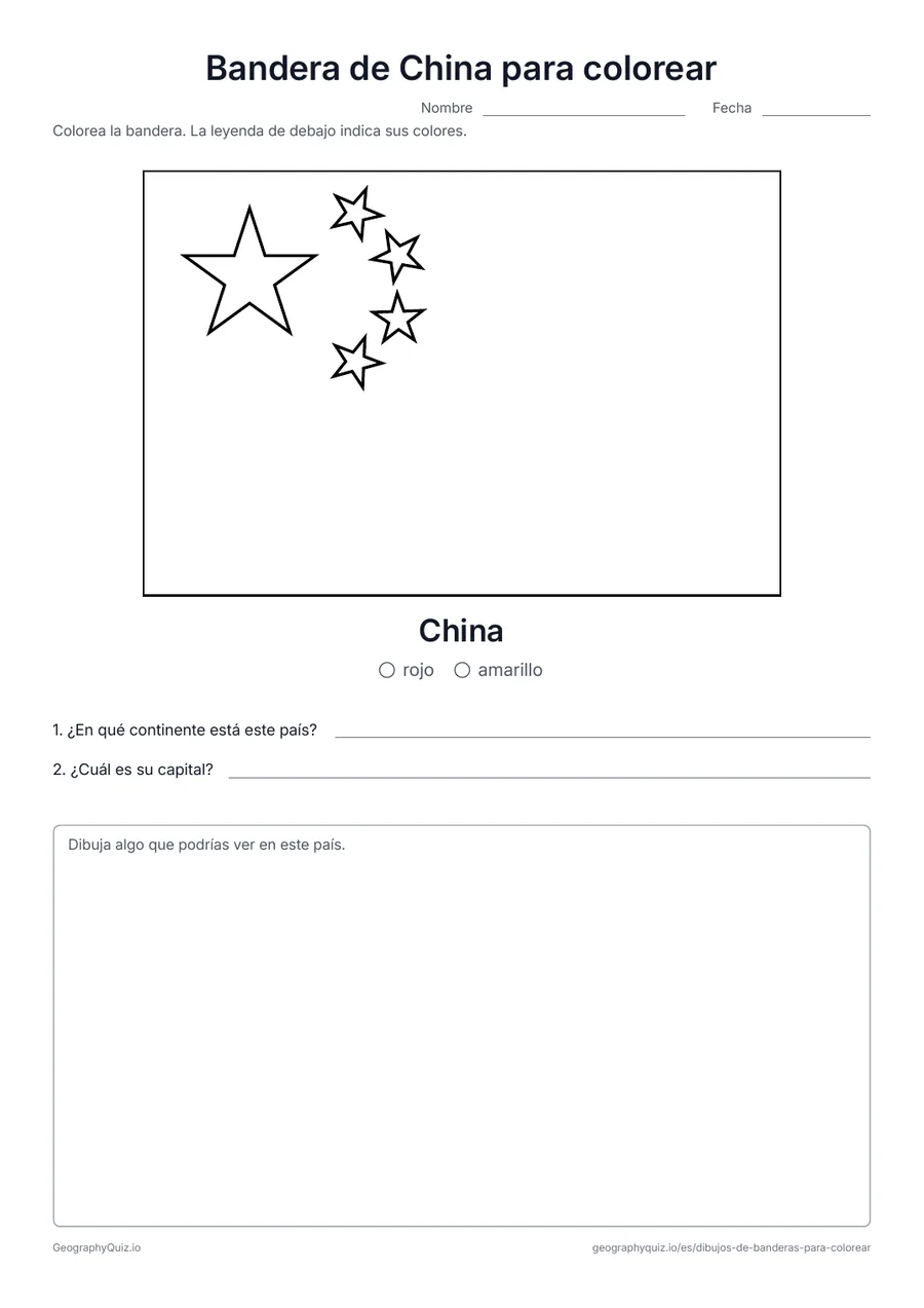 Vista previa de la ficha para imprimir «Bandera de China para colorear»: La bandera roja de China con sus cinco estrellas amarillas, con una leyenda de colores y dos preguntas