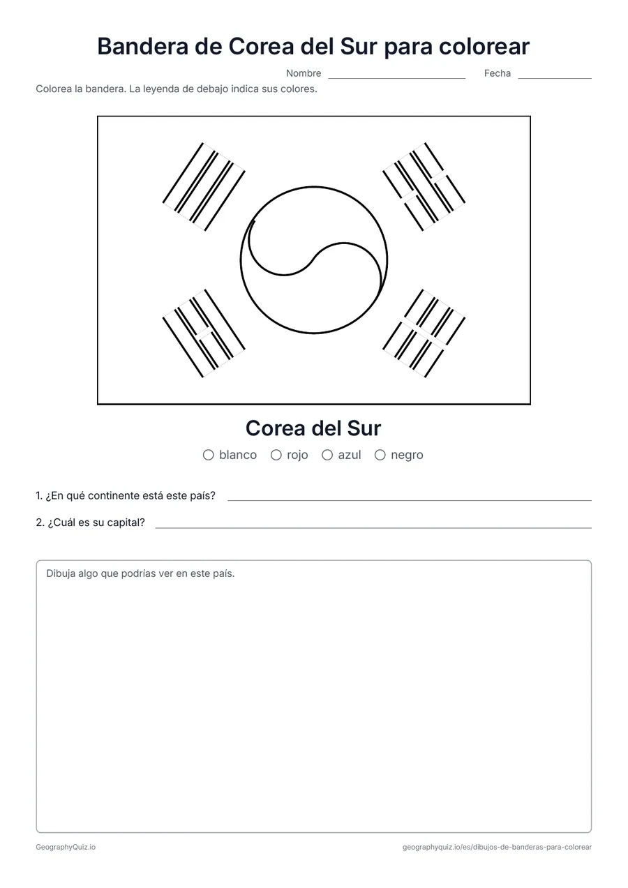 Vista previa de la ficha para imprimir «Bandera de Corea del Sur para colorear»: La bandera de Corea del Sur dibujada en grande y con sus proporciones reales, con una leyenda de colores y dos preguntas
