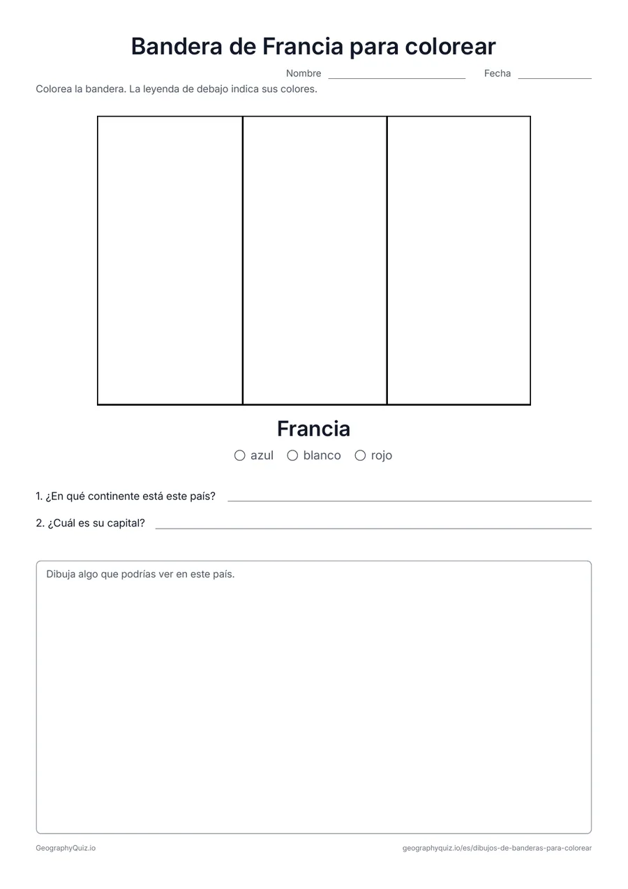 Vista previa de la ficha para imprimir «Bandera de Francia para colorear»: La bandera de Francia dibujada en grande y con sus proporciones reales, con una leyenda de colores y dos preguntas
