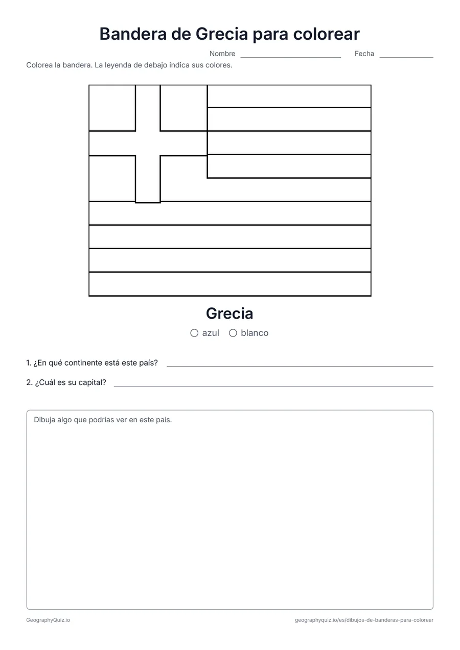 Vista previa de la ficha para imprimir «Bandera de Grecia para colorear»: La bandera de Grecia dibujada en grande y con sus proporciones reales, con una leyenda de colores y dos preguntas