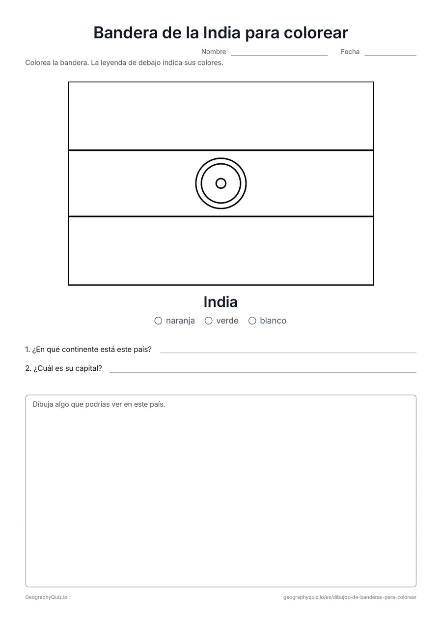 Vista previa de la ficha para imprimir «Bandera de la India para colorear»: La bandera de la India dibujada en grande y con sus proporciones reales, con una leyenda de colores y dos preguntas
