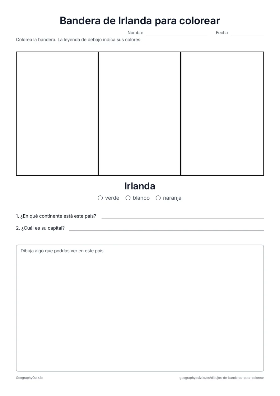 Vista previa de la ficha para imprimir «Bandera de Irlanda para colorear»: La bandera tricolor verde, blanca y naranja de Irlanda: una bandera sencilla para los más pequeños