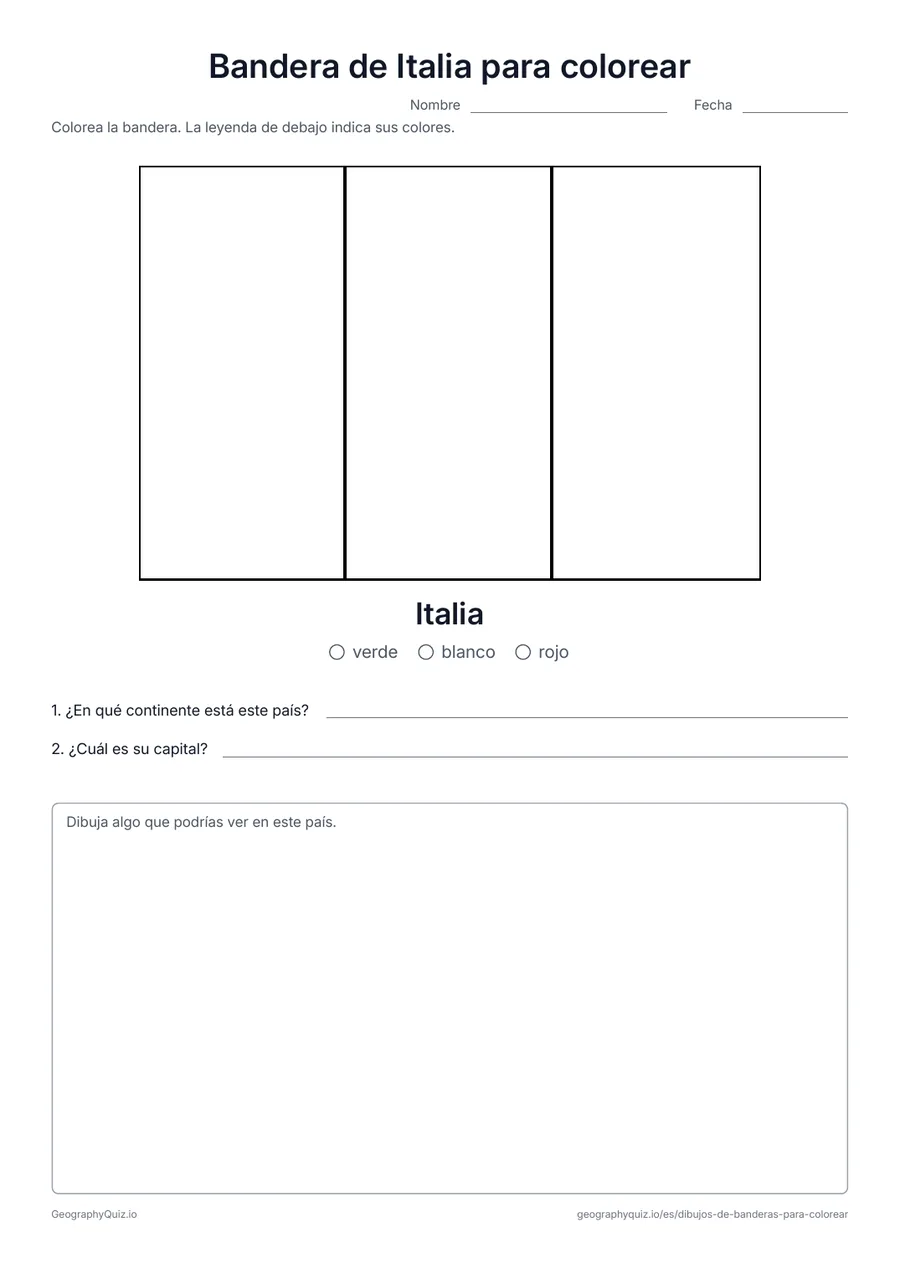 Vista previa de la ficha para imprimir «Bandera de Italia para colorear»: La bandera de Italia dibujada en grande y con sus proporciones reales, con una leyenda de colores y dos preguntas