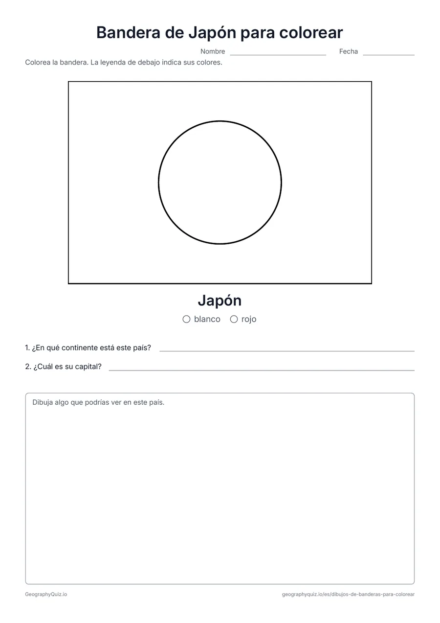 Vista previa de la ficha para imprimir «Bandera de Japón para colorear»: La bandera de Japón dibujada en grande y con sus proporciones reales, con una leyenda de colores y dos preguntas