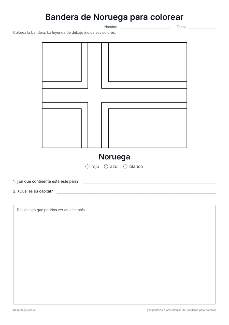 Vista previa de la ficha para imprimir «Bandera de Noruega para colorear»: La bandera roja de Noruega con su cruz azul y blanca, con una leyenda de colores y dos preguntas