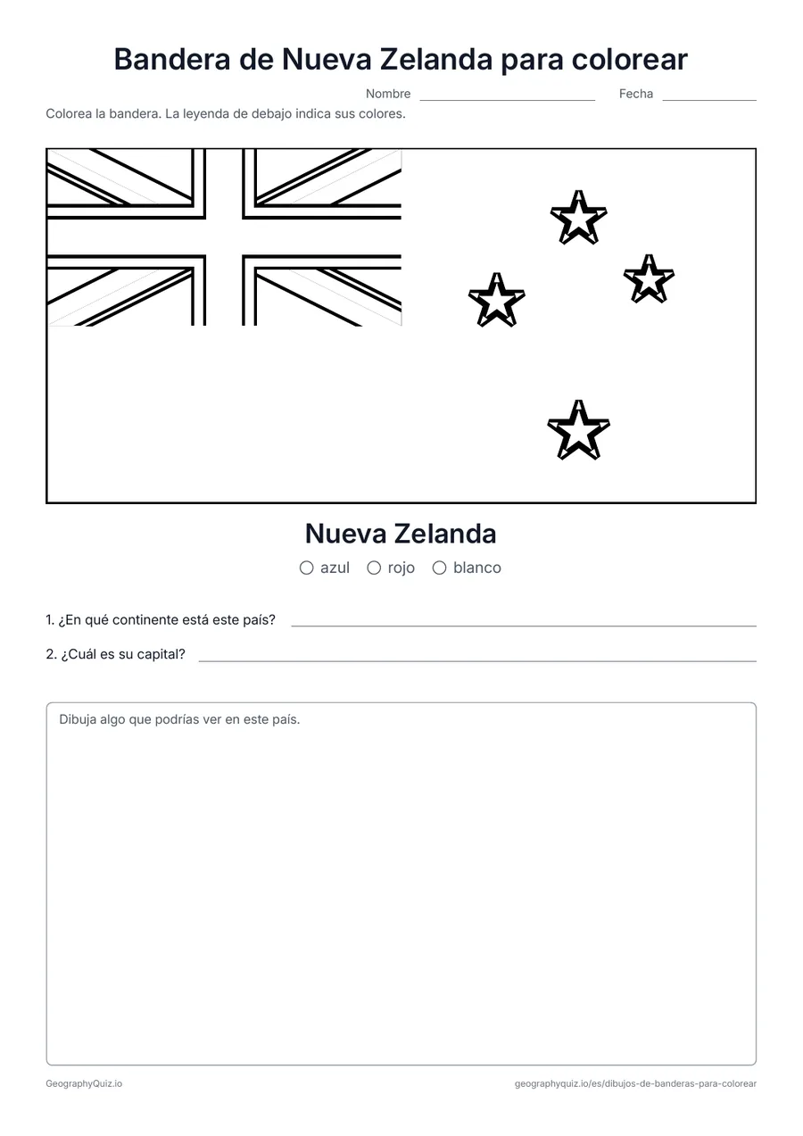 Vista previa de la ficha para imprimir «Bandera de Nueva Zelanda para colorear»: La bandera de Nueva Zelanda con la Union Jack y las cuatro estrellas rojas de la Cruz del Sur, con una leyenda de colores y dos preguntas
