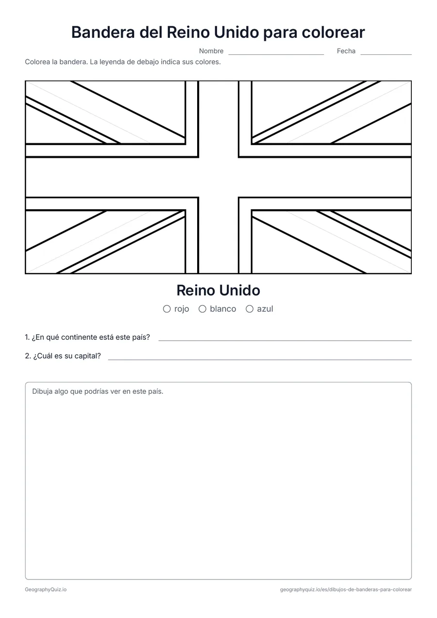 Vista previa de la ficha para imprimir «Bandera del Reino Unido para colorear»: La bandera del Reino Unido dibujada en grande y con sus proporciones reales, con una leyenda de colores y dos preguntas