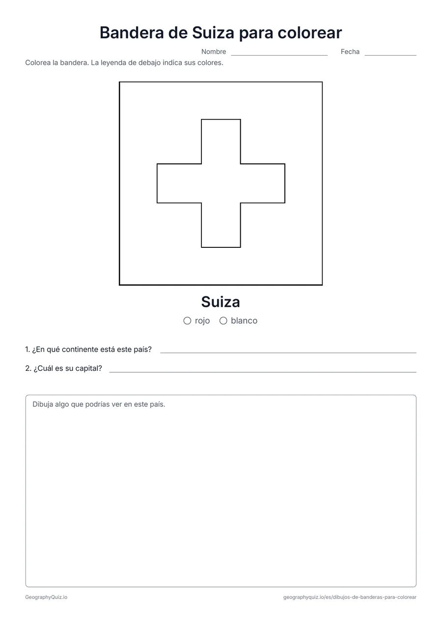 Vista previa de la ficha para imprimir «Bandera de Suiza para colorear»: La bandera cuadrada y roja de Suiza con su cruz blanca: una de las dos únicas banderas nacionales cuadradas