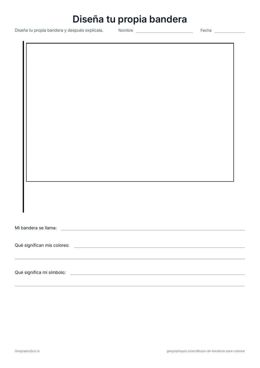 Vista previa de la ficha para imprimir «Diseña tu propia bandera»: Una bandera en blanco para diseñar, con líneas para darle nombre y explicar qué significan sus colores y su símbolo