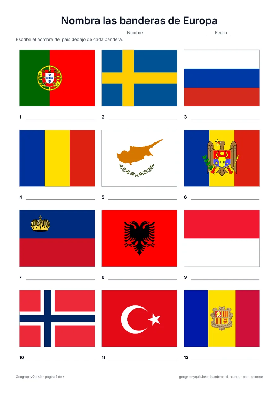 Vista previa de la ficha para imprimir «Nombra las banderas de Europa»