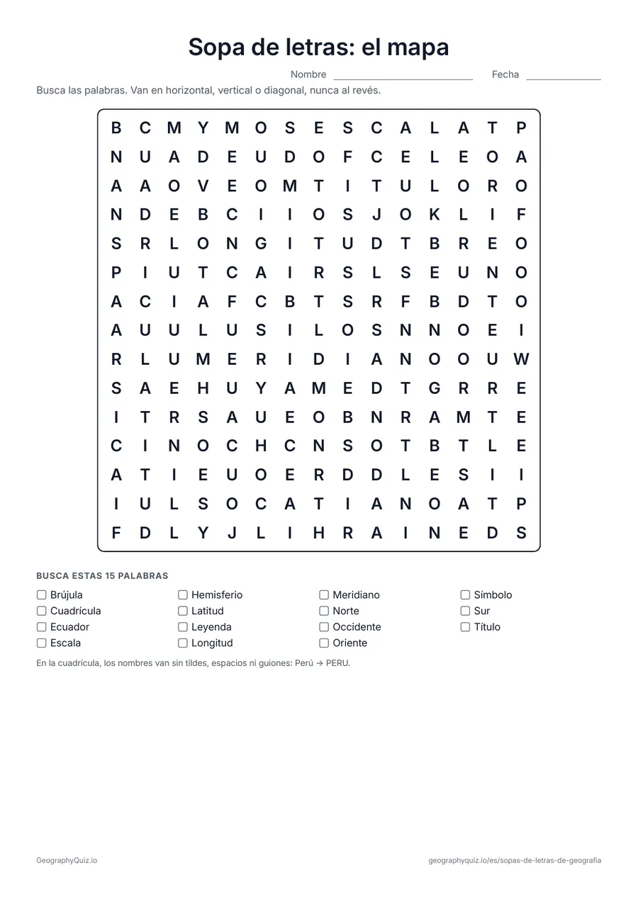 Vista previa de la ficha para imprimir «Sopa de letras: el mapa»: Quince palabras del mapa: brújula, leyenda, escala, cuadrícula, los puntos cardinales, latitud, longitud y más