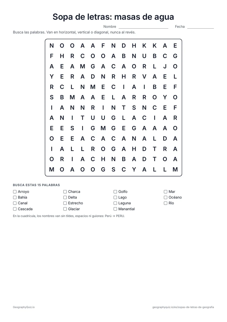 Vista previa de la ficha para imprimir «Sopa de letras: masas de agua»: Quince tipos de agua, del océano, el mar y el lago al estrecho, la laguna y el glaciar