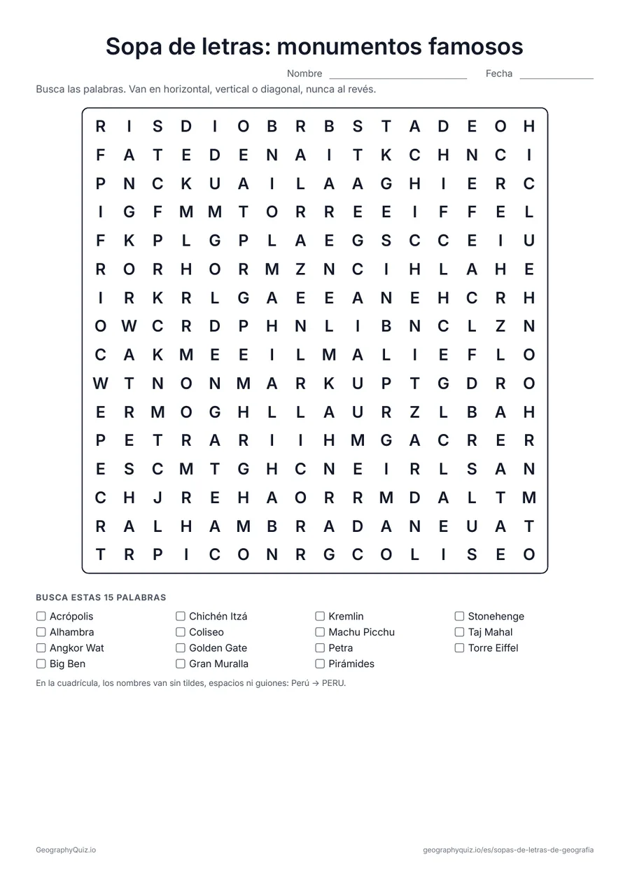 Vista previa de la ficha para imprimir «Sopa de letras: monumentos famosos»: Quince monumentos del mundo, de la Torre Eiffel y la Gran Muralla a Machu Picchu y el Taj Mahal
