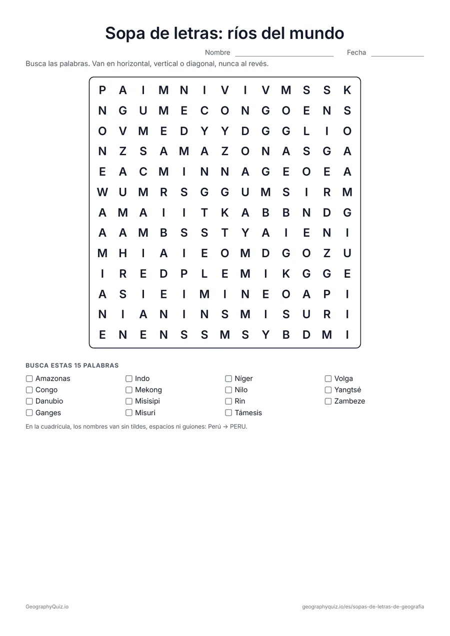 Vista previa de la ficha para imprimir «Sopa de letras: ríos del mundo»: Quince ríos famosos, del Nilo y el Amazonas al Misisipi y el Támesis
