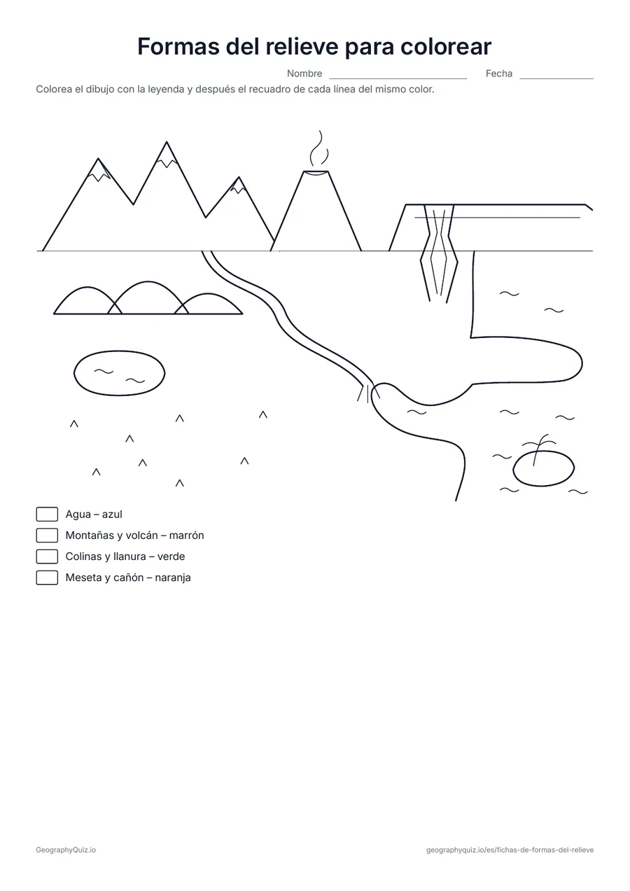 Vista previa de la ficha para imprimir «Formas del relieve para colorear»: El paisaje para colorear con una leyenda de cuatro colores: agua azul, montañas marrón, colinas y llanura verde, meseta y cañón naranja