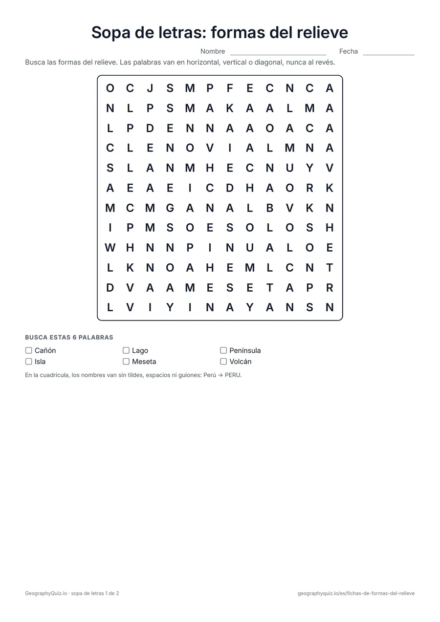 Vista previa de la ficha para imprimir «Sopa de letras: formas del relieve»: Las doce formas del relieve escondidas en dos sopas de letras de seis palabras