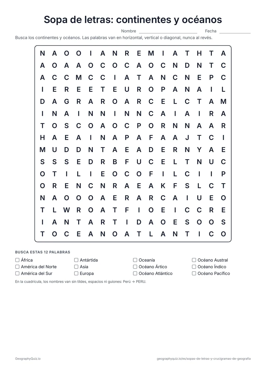 Vista previa de la ficha para imprimir «Sopa de letras: continentes y océanos»