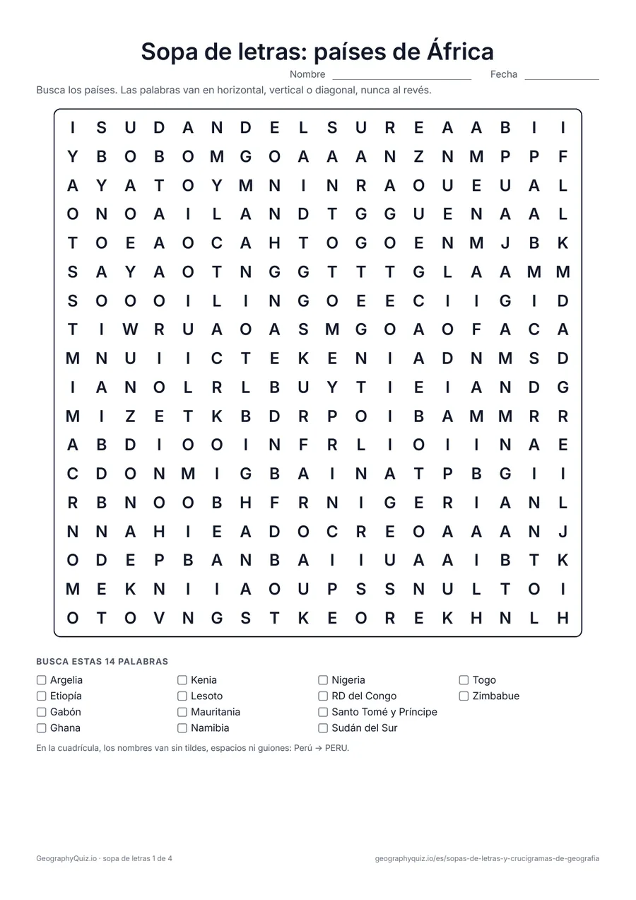 Vista previa de la ficha para imprimir «Sopa de letras: países de África»